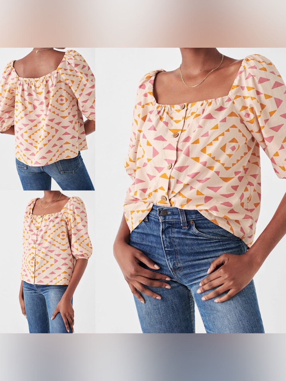 NWT Faherty B. Yellowtail Square-Neck Cali Button Front Top in Pink & Mustard